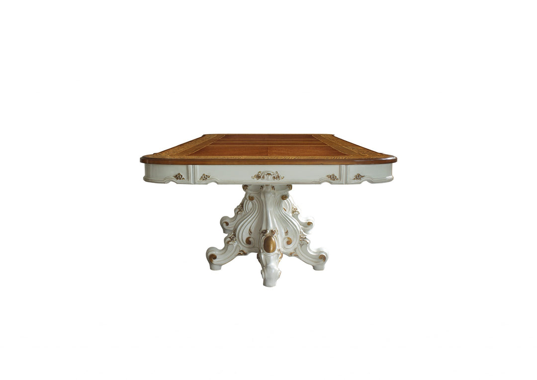 49" Brown and White Double Pedestal Base Solid Wood Dining Table