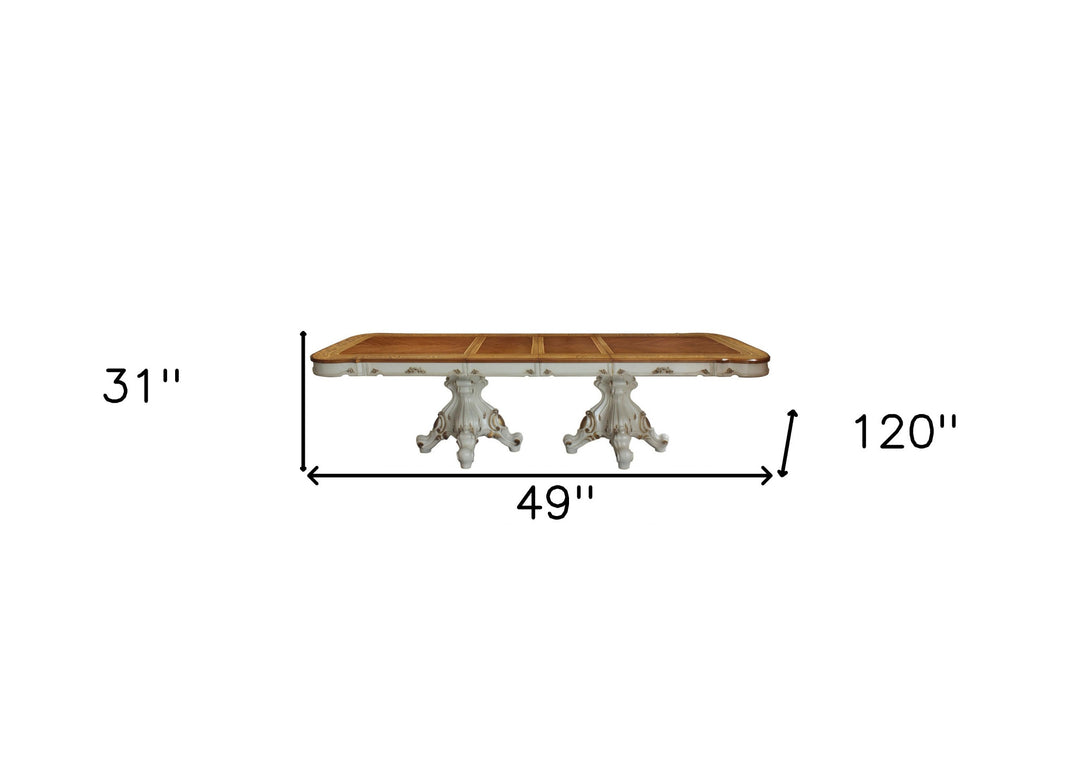 49" Brown and White Double Pedestal Base Solid Wood Dining Table