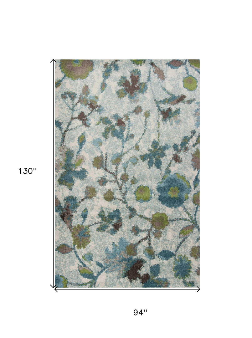 8' X 11' Teal Blue Machine Woven Floral Indoor Area Rug