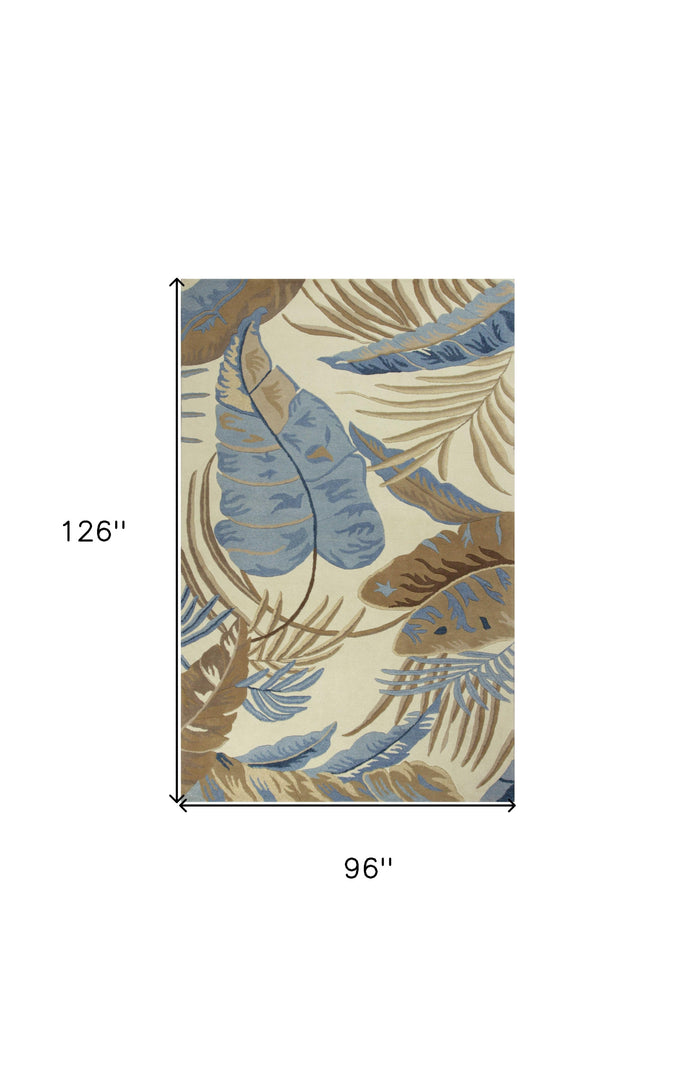 5' X 8' Ivory and Blue Wool Tropical Botanical Hand Tufted Area Rug