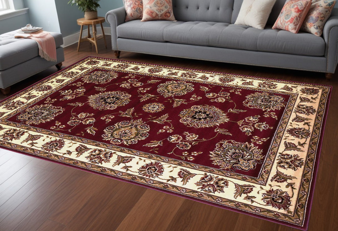 10' X 13' Red Ivory Machine Woven Floral Traditional Indoor Area Rug