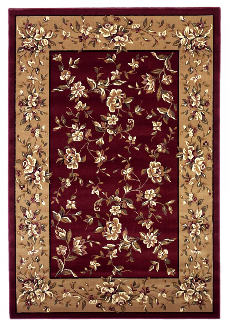 10' X 13' Red Beige Machine Woven Floral Traditional Indoor Area Rug