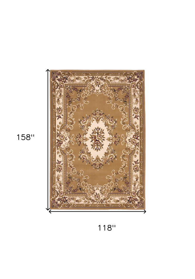 8' X 11' Beige Ivory Machine Woven Hand Carved Floral Medallion Indoor Area Rug