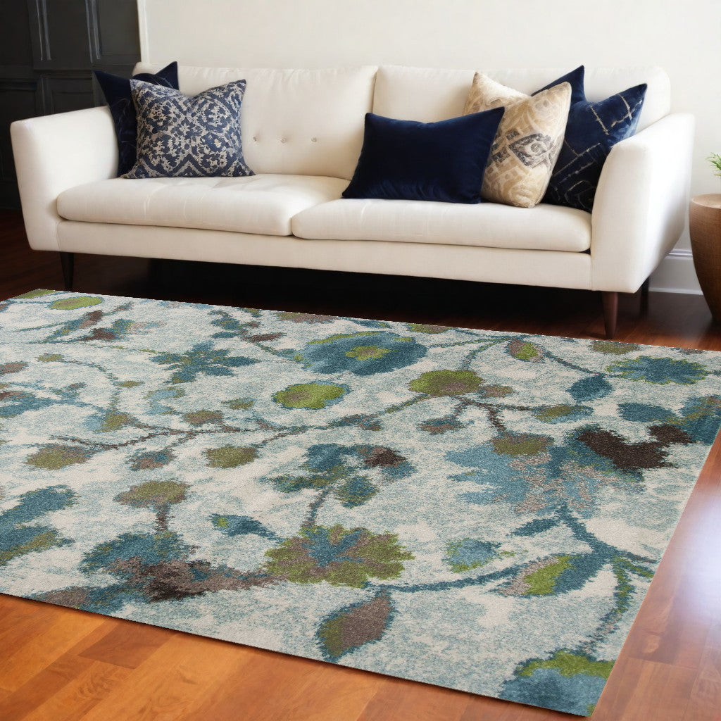 8' X 11' Teal Blue Machine Woven Floral Indoor Area Rug