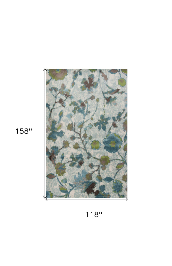 8' X 11' Teal Blue Machine Woven Floral Indoor Area Rug