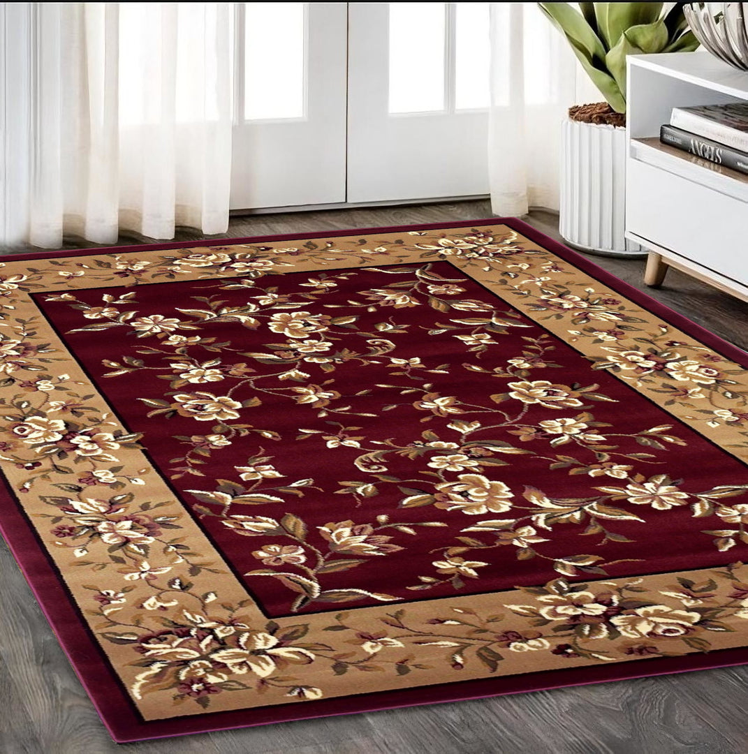 10' X 13' Red Beige Machine Woven Floral Traditional Indoor Area Rug