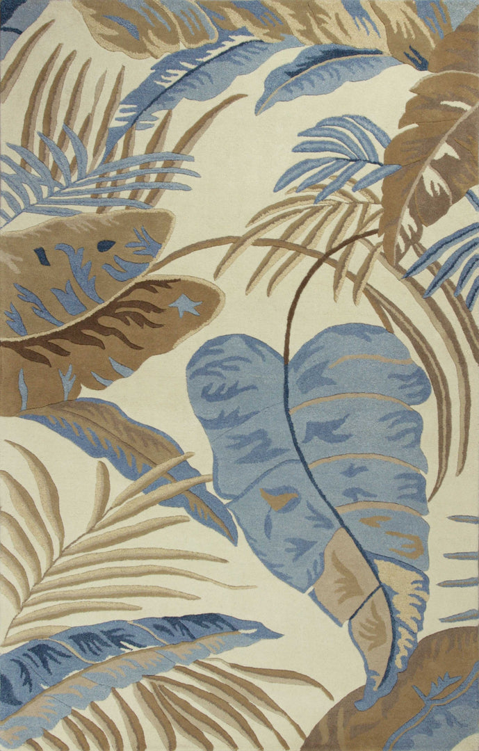 5' X 8' Ivory and Blue Wool Tropical Botanical Hand Tufted Area Rug