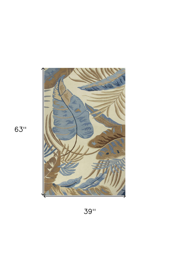 5' X 8' Ivory and Blue Wool Tropical Botanical Hand Tufted Area Rug