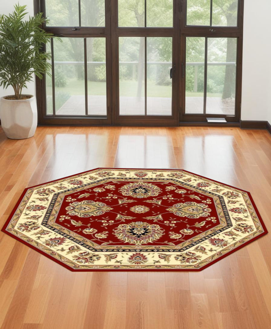 10' X 13' Red Ivory Machine Woven Floral Traditional Indoor Area Rug