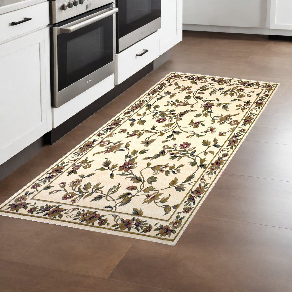 10' X 13' Ivory Machine Woven Floral Vines Indoor Area Rug