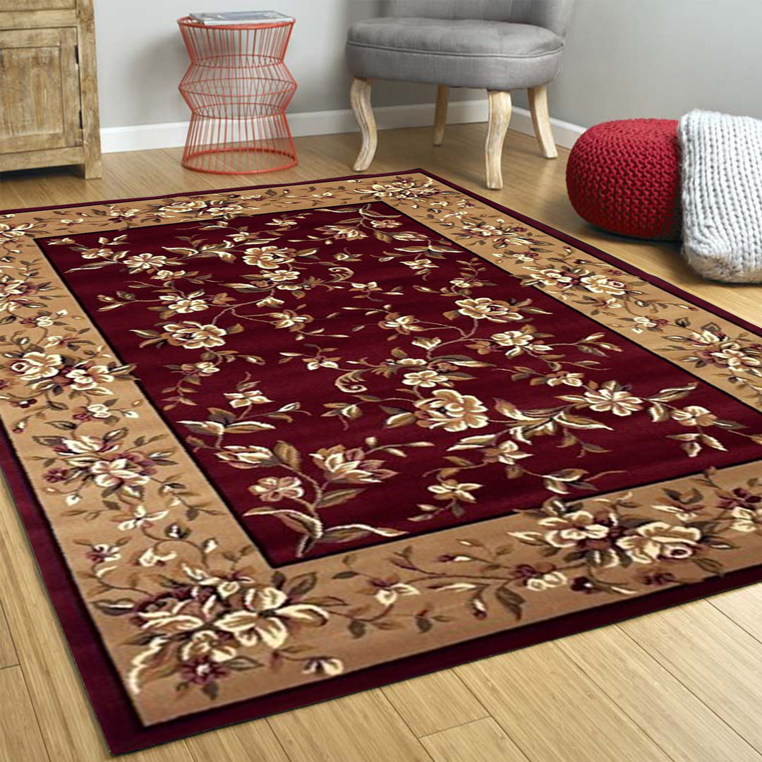 10' X 13' Red Beige Machine Woven Floral Traditional Indoor Area Rug