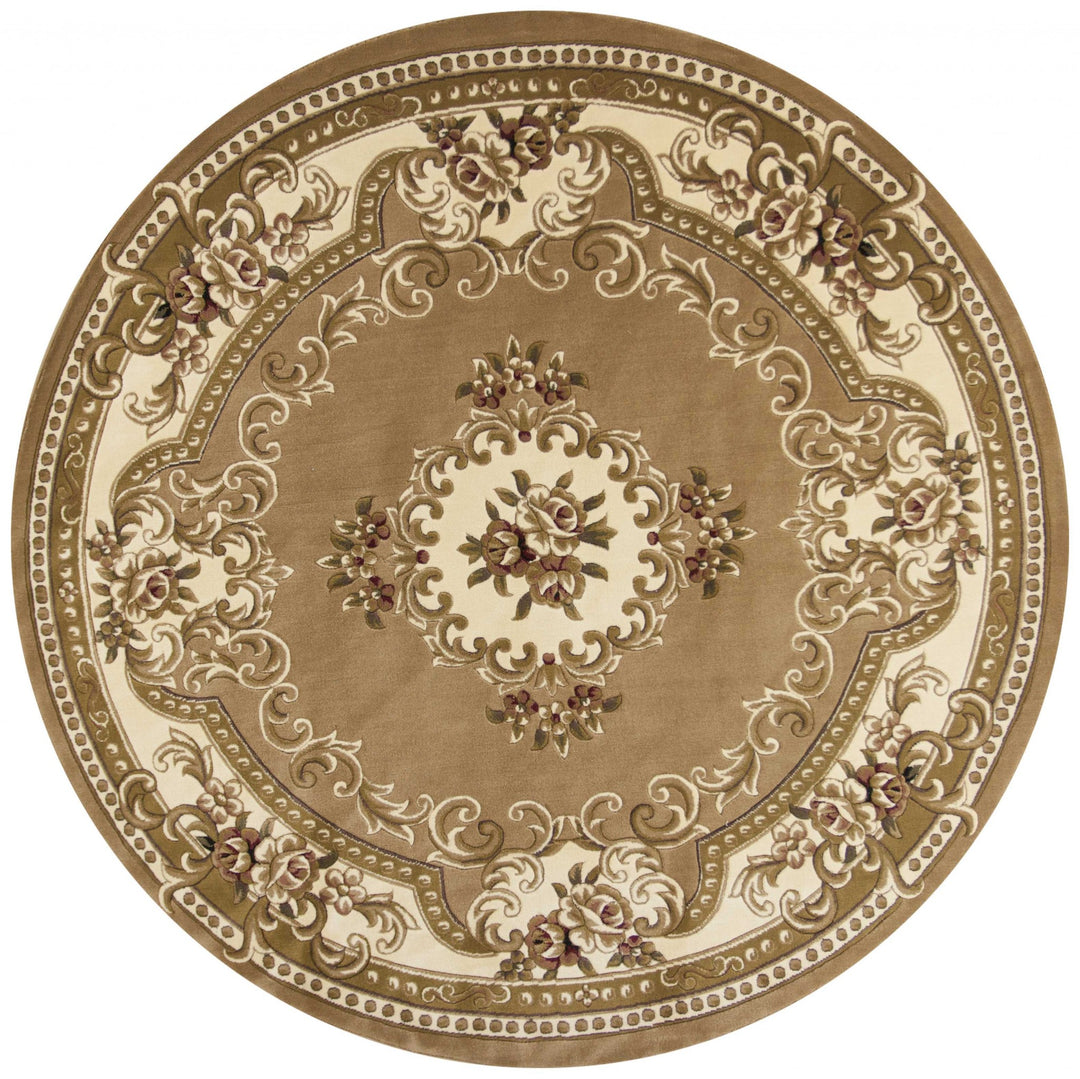 8' X 11' Beige Ivory Machine Woven Hand Carved Floral Medallion Indoor Area Rug