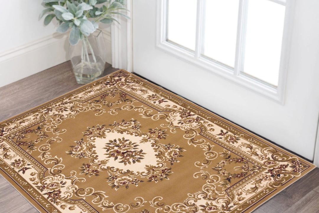 8' X 11' Beige Ivory Machine Woven Hand Carved Floral Medallion Indoor Area Rug