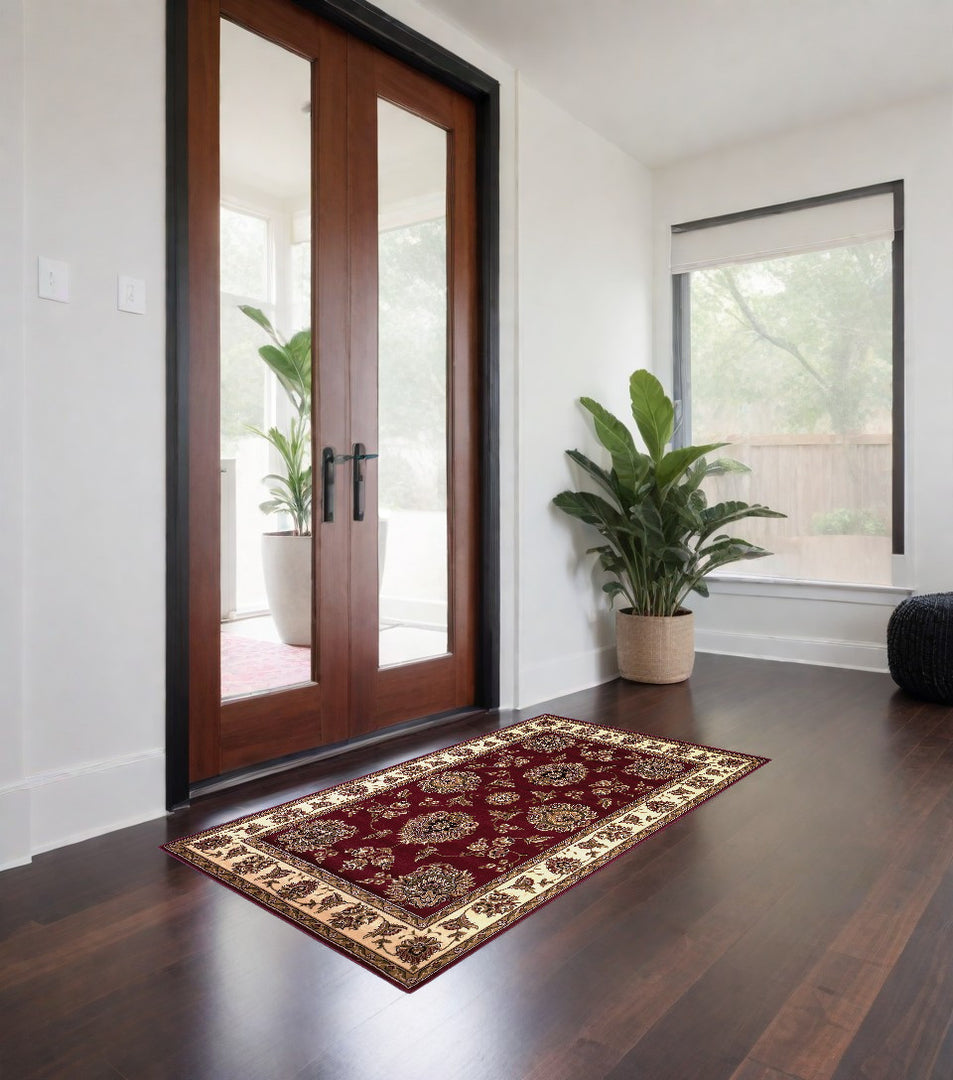 10' X 13' Red Ivory Machine Woven Floral Traditional Indoor Area Rug