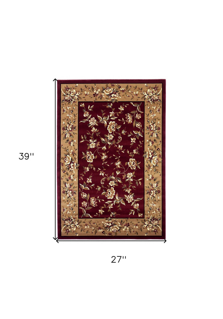 10' X 13' Red Beige Machine Woven Floral Traditional Indoor Area Rug