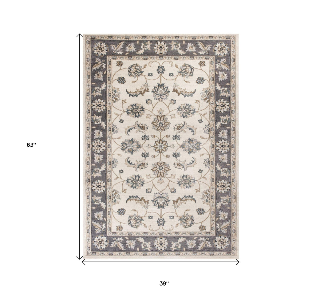 3' X 5' Gray and Ivory Floral Area Rug