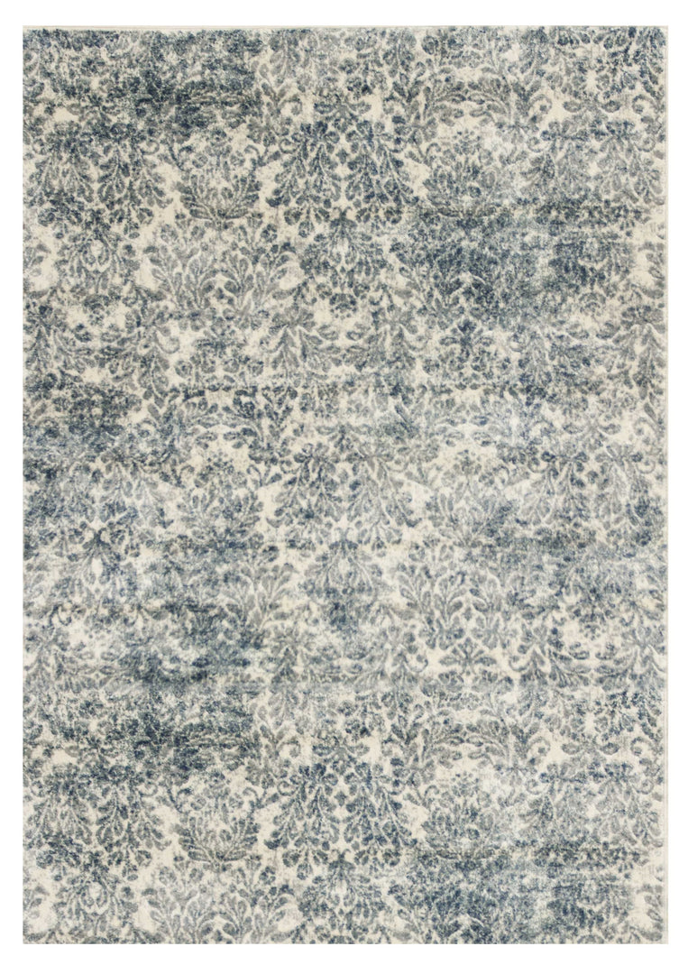 2' X 4' Ivory and Blue Damask Area Rug