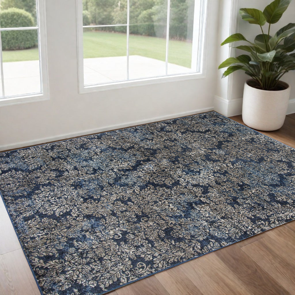 2' X 4' Slate Blue Damask Area Rug