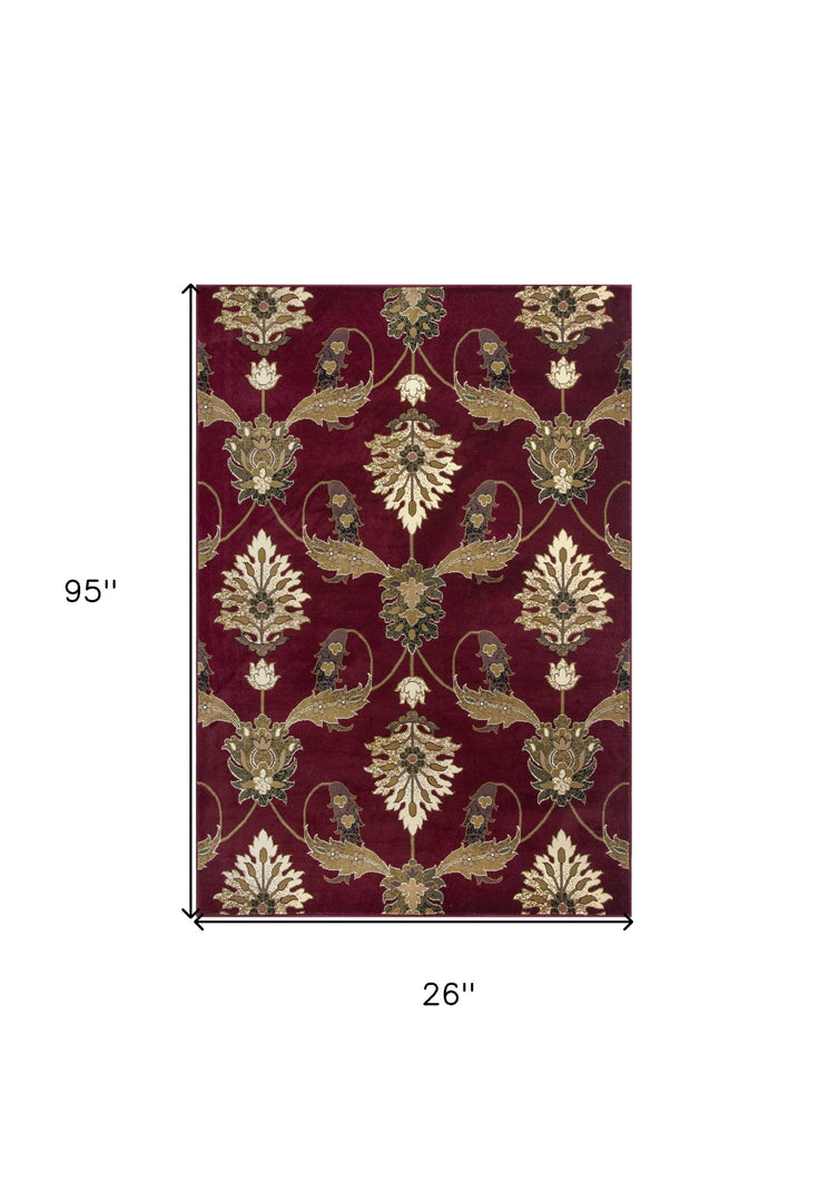 8' Red and Ivory Floral Runner Rug