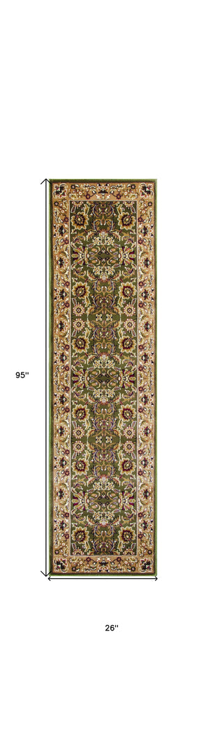 2' X 8' Green Or Taupe Traditional Bordered Runner Rug