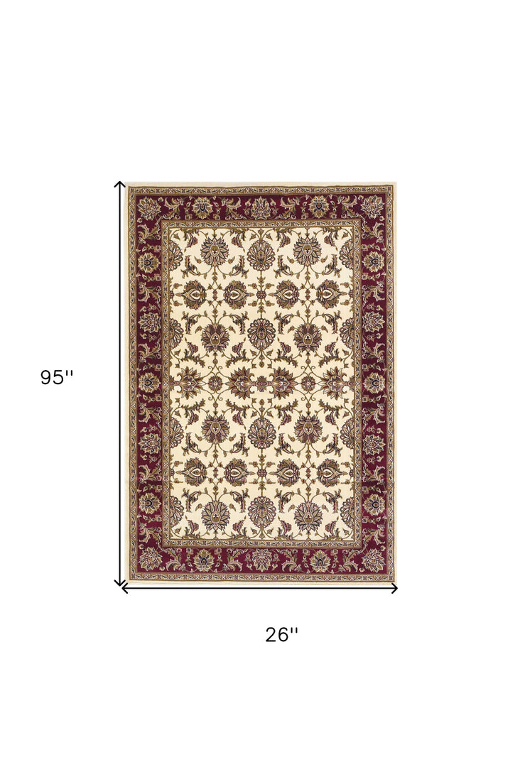 8' Red And Ivory Floral Medallion Runner Rug