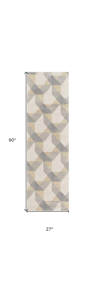 2' X 4' Ivory Or Grey Polygon Pattern Wool Area Rug