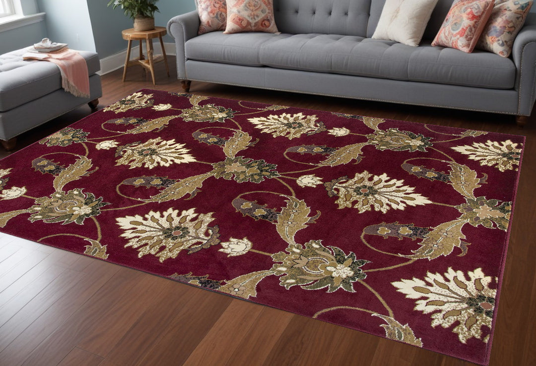 8' Red and Ivory Floral Runner Rug