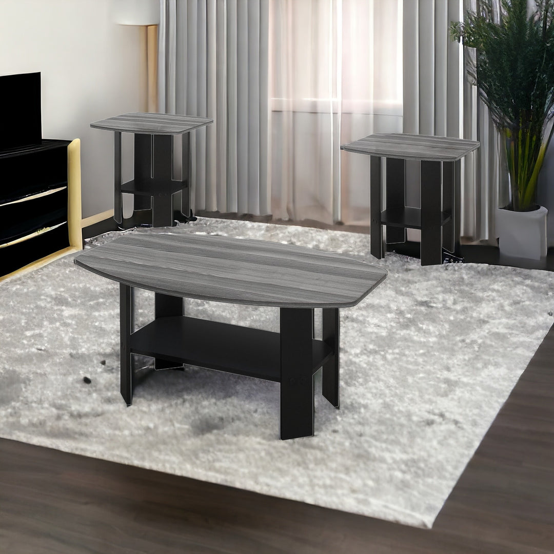 Set of Three 36" Gray And Black Wood Coffee Table With Shelf