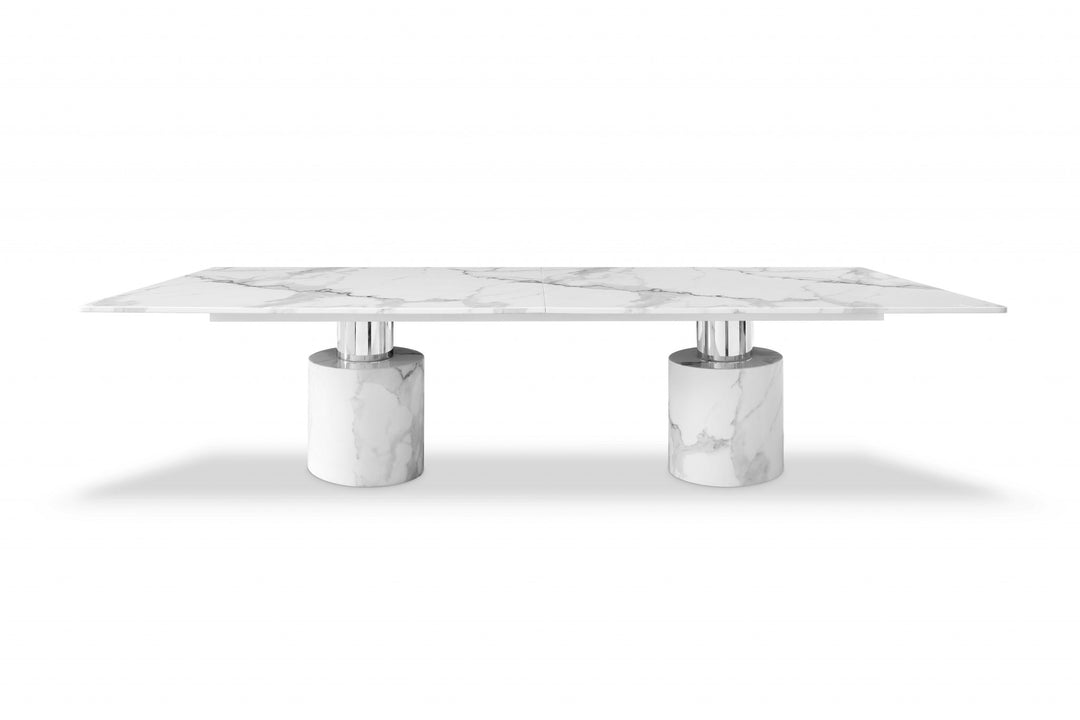 120" White Marble Rectangular Dining Table with Double Pedestal Base