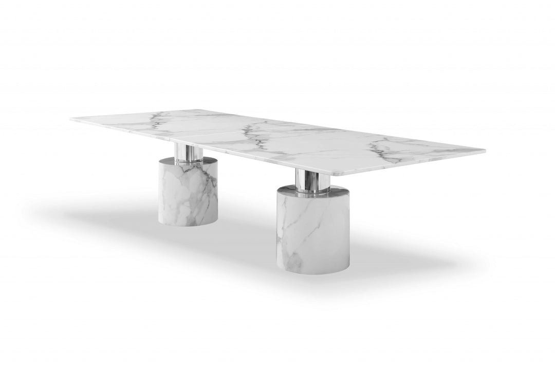 120" White Marble Rectangular Dining Table with Double Pedestal Base