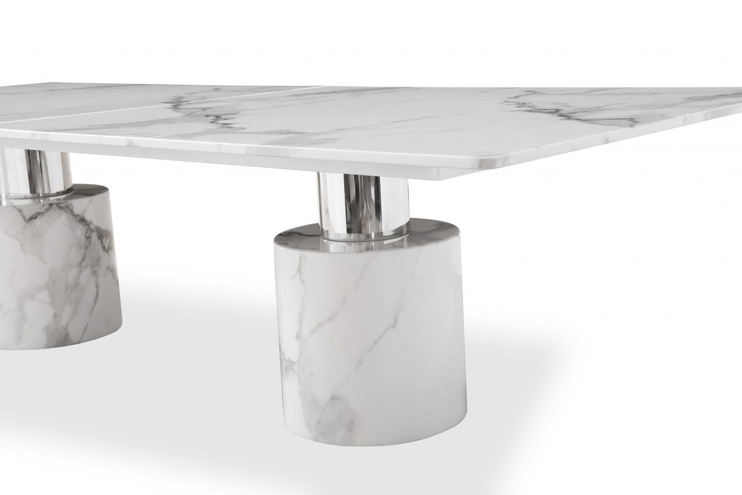 120" White Marble Rectangular Dining Table with Double Pedestal Base