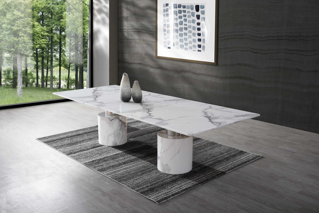 120" White Marble Rectangular Dining Table with Double Pedestal Base