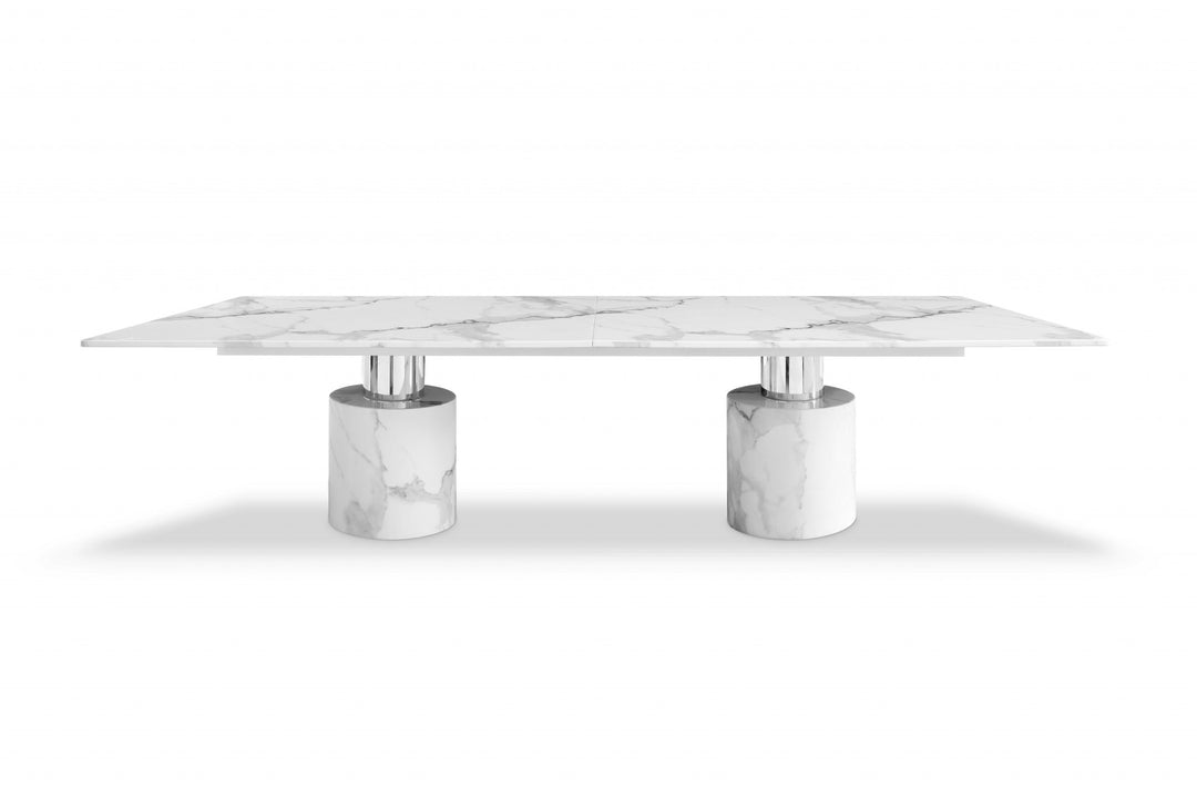 120" White Marble Rectangular Dining Table with Double Pedestal Base