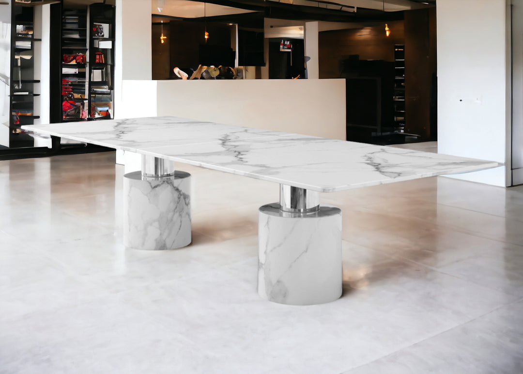 120" White Marble Rectangular Dining Table with Double Pedestal Base