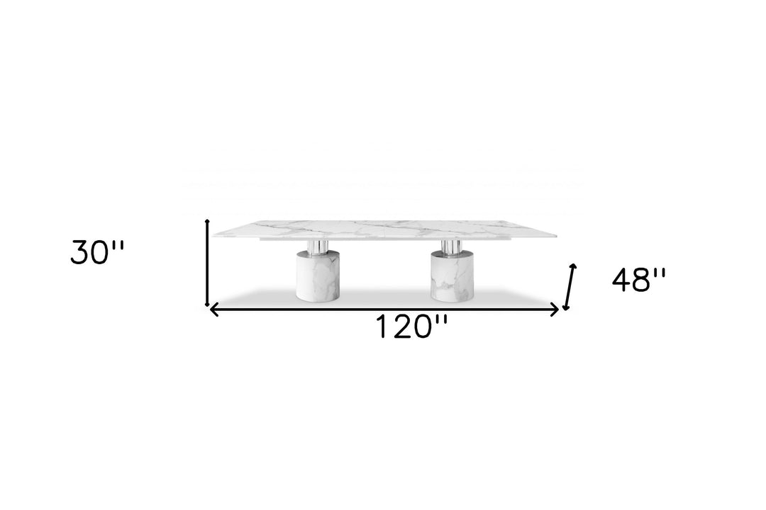 120" White Marble Rectangular Dining Table with Double Pedestal Base