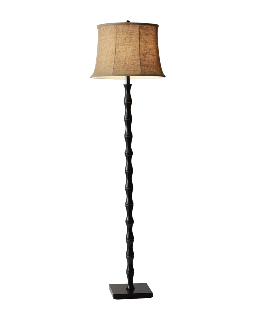 62" Black Textured Pole Floor Lamp With Beige Burlap Shade