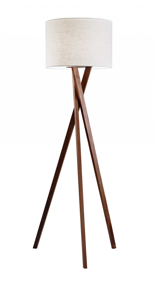 63" Solid Wood Tripod Floor Lamp With White Drum Shade