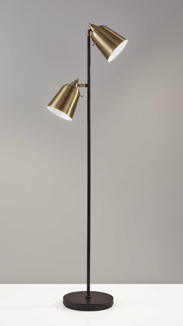 58" Black Two Light Floor Lamp With Antiqued Brass Cone Shades