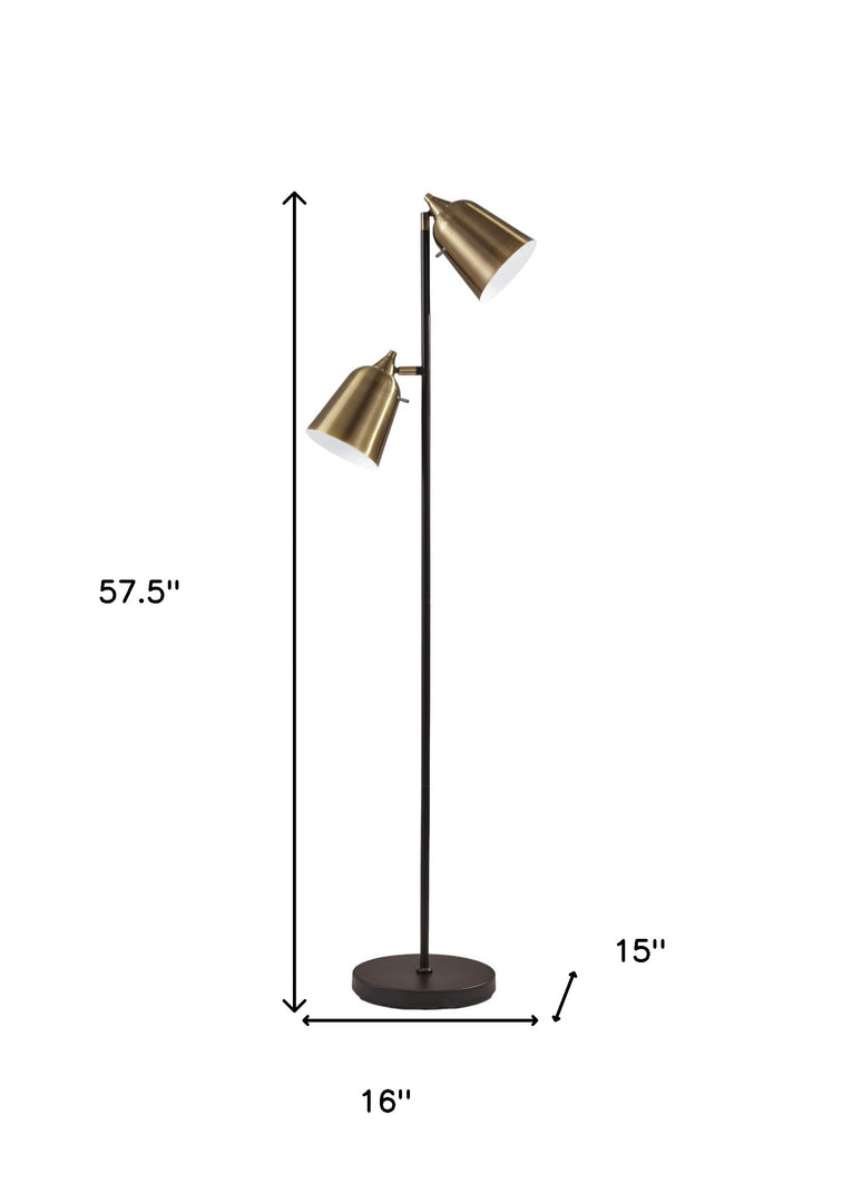 58" Black Two Light Floor Lamp With Antiqued Brass Cone Shades