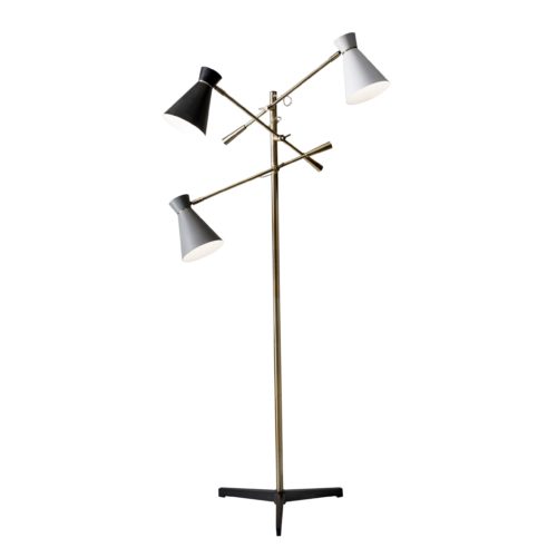 Three Arm Adjustable Floor Lamp In Brass Metal With Grey Black And White Shades