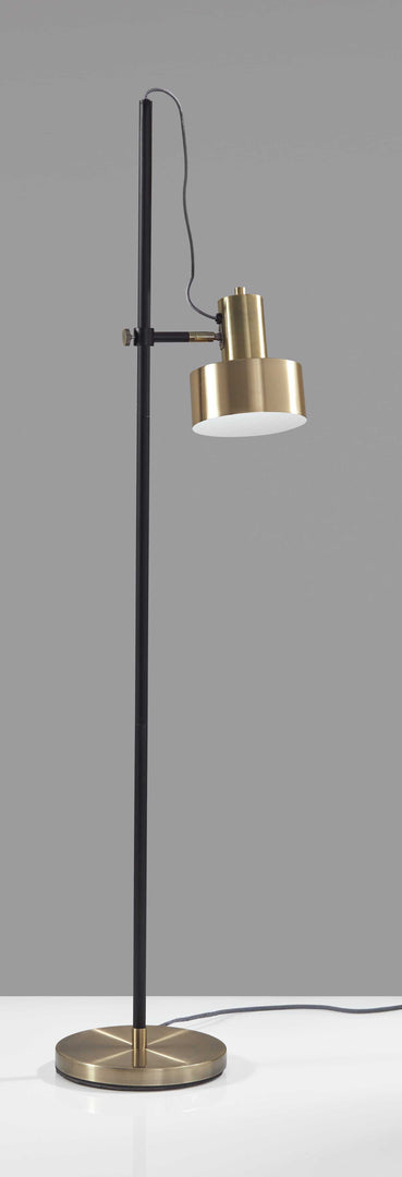 Retro Floor Lamp with Matte Black Pole and Adjustable Jumbo Antique Brass Metal Shade