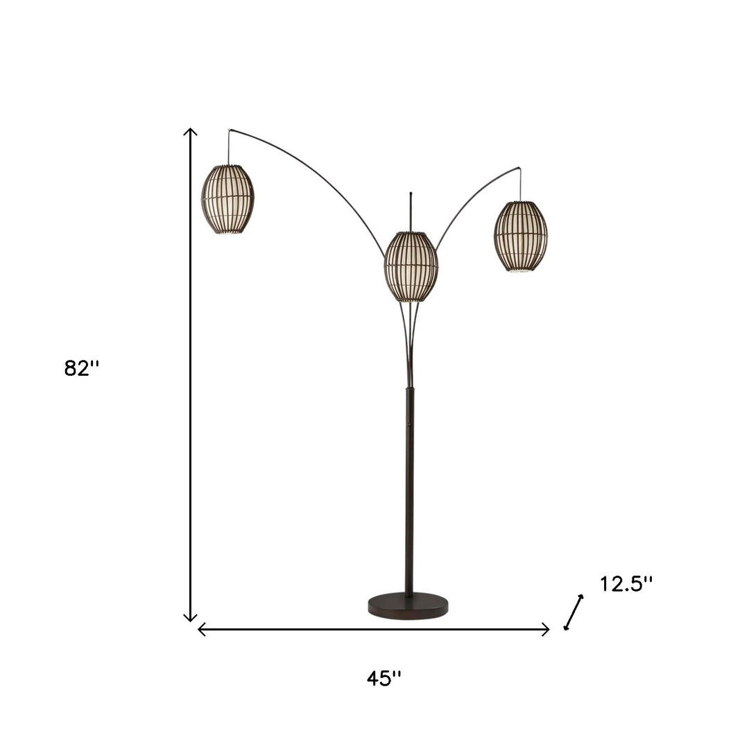 82" Black Three Light Tree Floor Lamp With Off White Solid Color Cage Shade