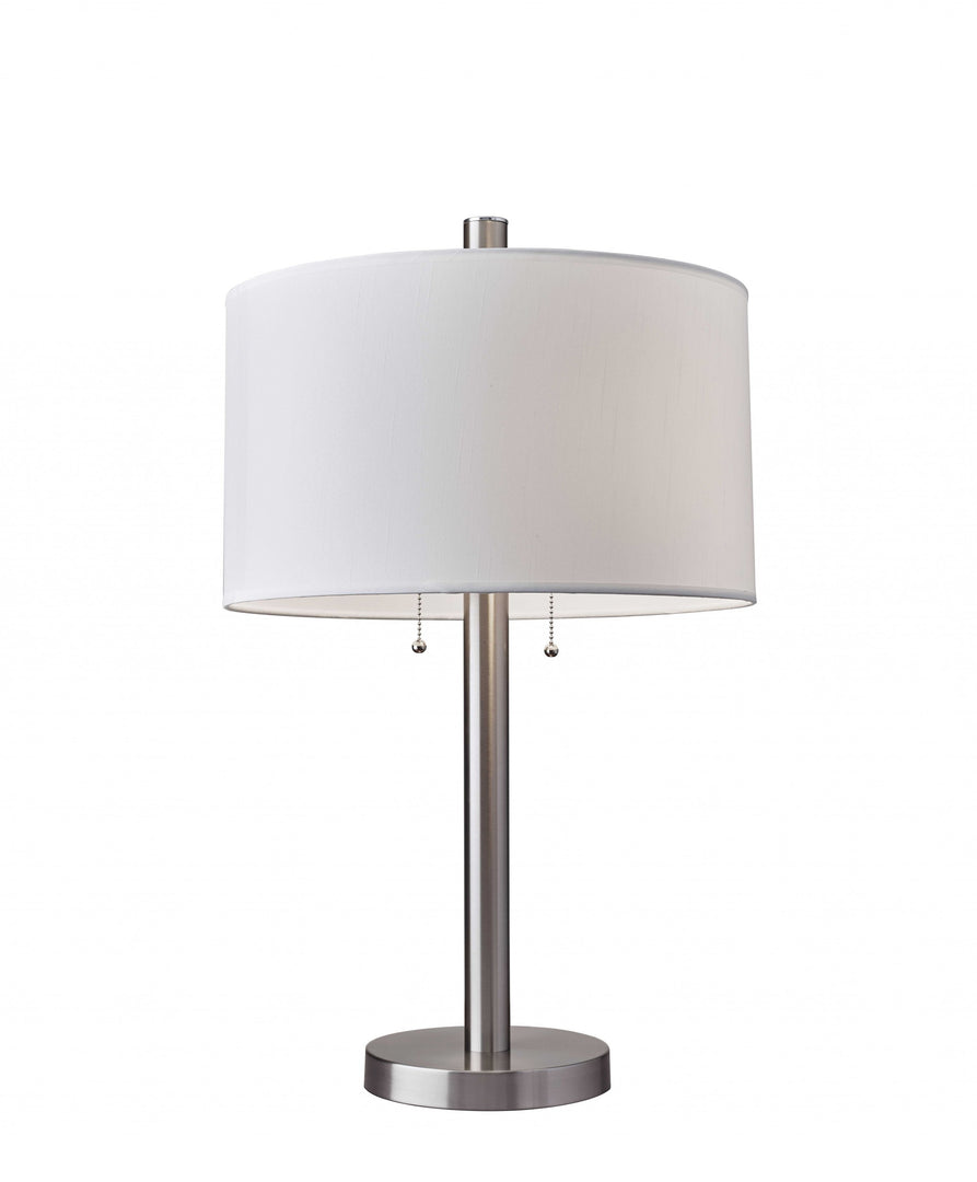 28" Silver Metal Two Light Bedside Table Lamp With White Drum Shade