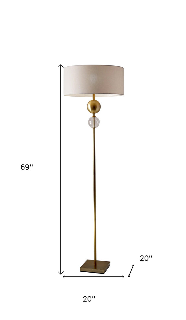 69" Brass Steel and Glass Floor Lamp With Off White Fabric Drum Shade