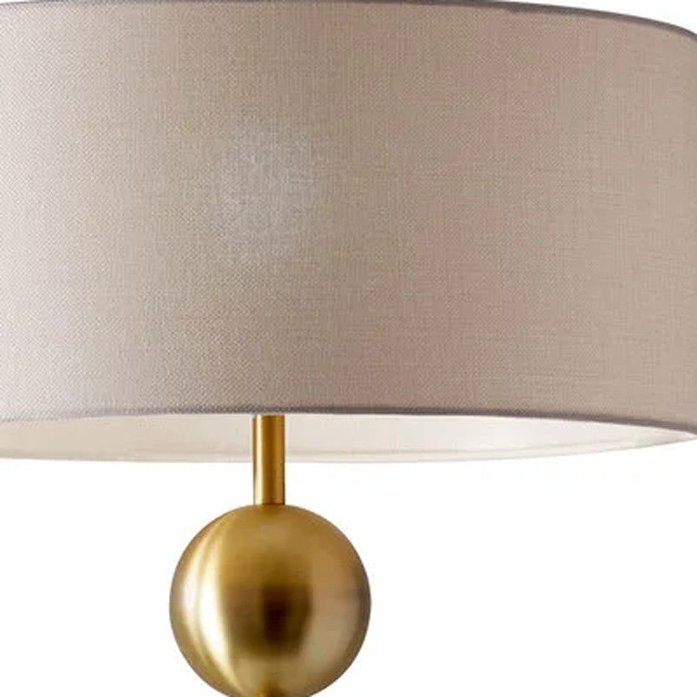 69" Brass Steel and Glass Floor Lamp With Off White Fabric Drum Shade