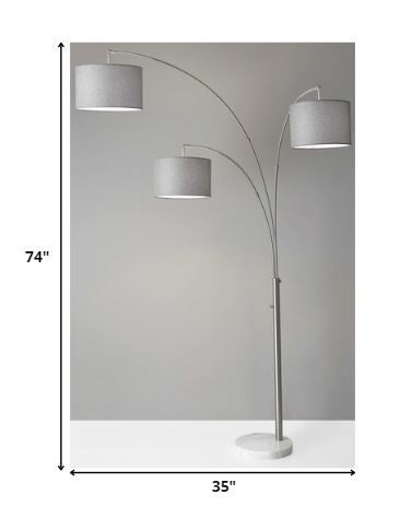 74" White Three Light Adjustable Led Tree Floor Lamp With Gray Drum Shade