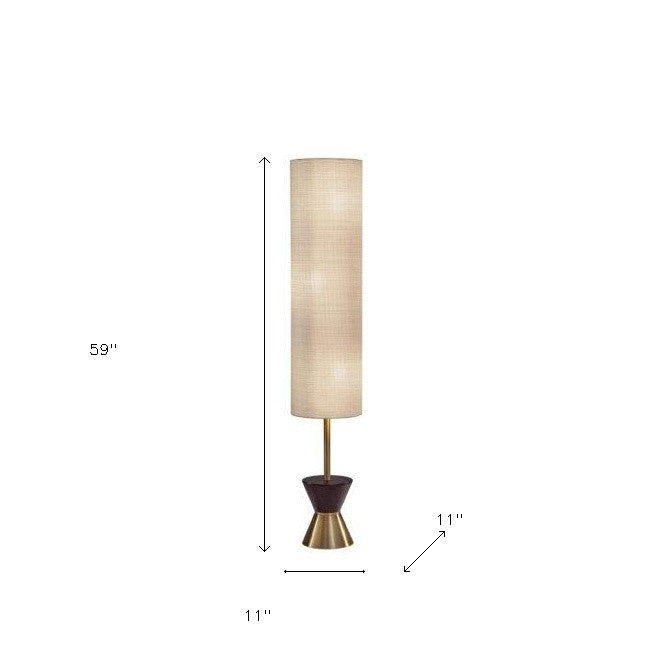 59" Brass And Wood Textured Cylinder Beige Floor Lamp