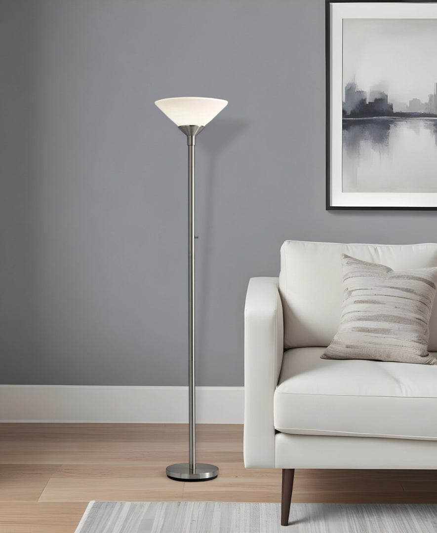 73" Black Torchiere Floor Lamp With White Cone Shade