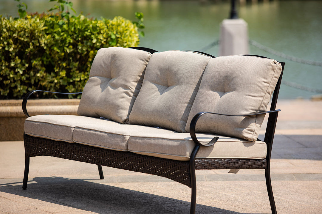 69" Beige Polyester Blend Settee with Tufted Cushions and Black Metal Legs