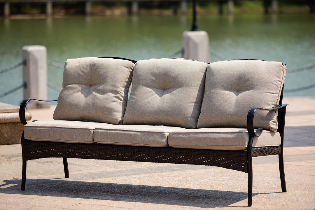 69" Beige Polyester Blend Settee with Tufted Cushions and Black Metal Legs